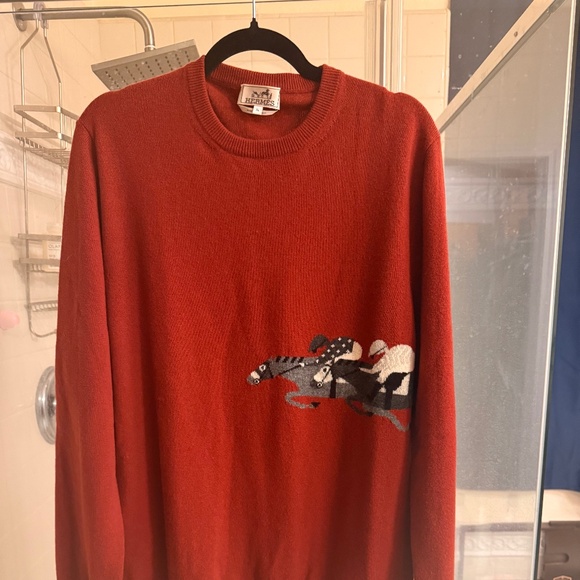 Excellent Hermes Cashmere Orange/Red Horse Sweater - Picture 1 of 5